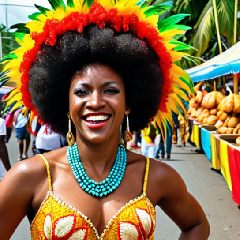 ** A vibrant street parade in Limón during Carnival. Focus on the Afro-Caribbean influence: colorful costumes, dancers, calypso music, and joyful expressions. Include elements like palm trees and food stalls selling rice and beans.

**