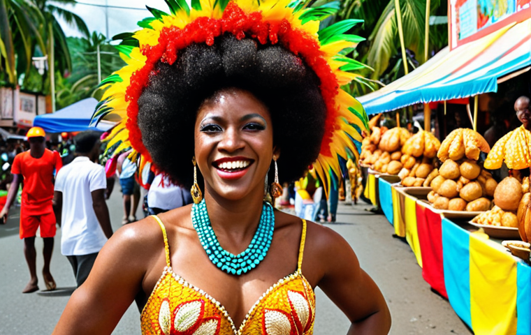 ** A vibrant street parade in Limón during Carnival. Focus on the Afro-Caribbean influence: colorful costumes, dancers, calypso music, and joyful expressions. Include elements like palm trees and food stalls selling rice and beans.

**