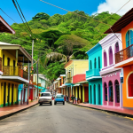 **A vibrant Caribbean street scene in Costa Rica. Focus on the colorful architecture, with locals chatting in a lively mix of Spanish and Creole English. Reggae music faintly audible. Capture the "Pura Vida" spirit of the community.**
