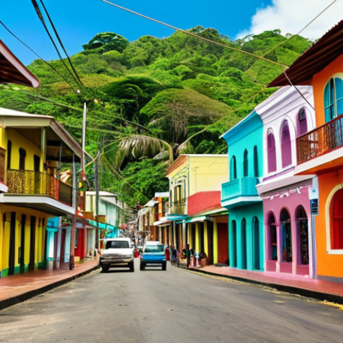 **A vibrant Caribbean street scene in Costa Rica. Focus on the colorful architecture, with locals chatting in a lively mix of Spanish and Creole English. Reggae music faintly audible. Capture the "Pura Vida" spirit of the community.**