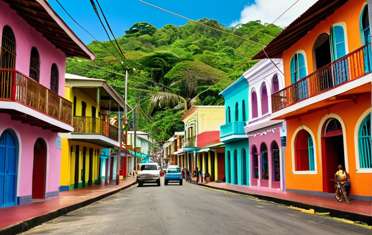**A vibrant Caribbean street scene in Costa Rica. Focus on the colorful architecture, with locals chatting in a lively mix of Spanish and Creole English. Reggae music faintly audible. Capture the "Pura Vida" spirit of the community.**
