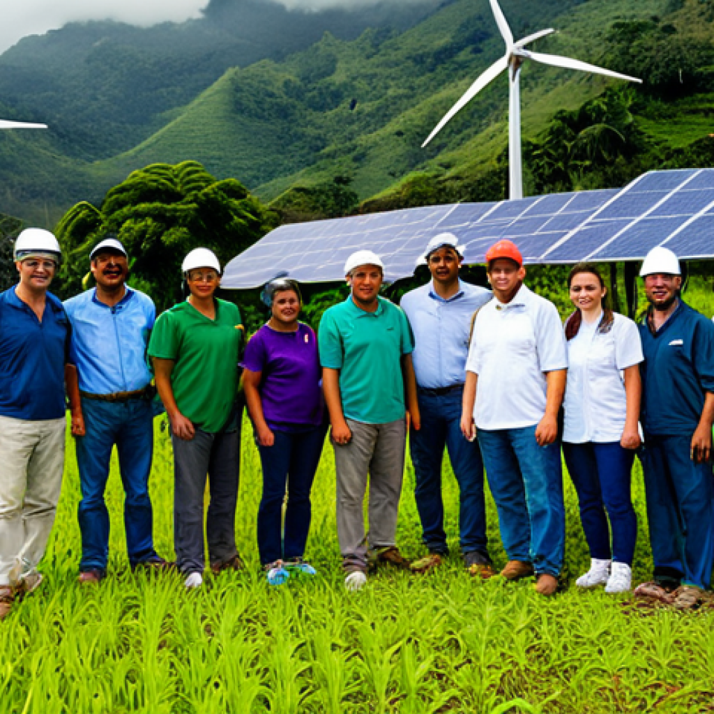 Sustainable Partnership**

"A diverse group of Costa Rican and American professionals collaborating on a sustainable agriculture project in a lush, green Costa Rican landscape. Solar panels and wind turbines are visible in the background. Everyone is fully clothed in appropriate attire for fieldwork. Safe for work, appropriate content, perfect anatomy, natural proportions, professional, family-friendly, high quality."

**