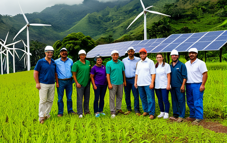 Sustainable Partnership**

"A diverse group of Costa Rican and American professionals collaborating on a sustainable agriculture project in a lush, green Costa Rican landscape. Solar panels and wind turbines are visible in the background. Everyone is fully clothed in appropriate attire for fieldwork. Safe for work, appropriate content, perfect anatomy, natural proportions, professional, family-friendly, high quality."

**