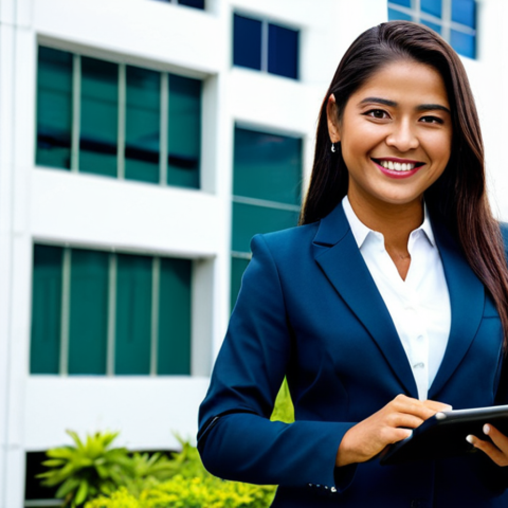 **

A professional woman in a tailored business suit, standing confidently in front of a modern office building in San José, Costa Rica. She is holding a tablet and smiling warmly. Lush greenery and vibrant flowers are visible in the background. Fully clothed, appropriate attire, safe for work, perfect anatomy, natural proportions, professional photography, high quality, family-friendly.

**