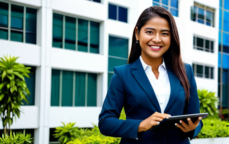 **

A professional woman in a tailored business suit, standing confidently in front of a modern office building in San José, Costa Rica. She is holding a tablet and smiling warmly. Lush greenery and vibrant flowers are visible in the background. Fully clothed, appropriate attire, safe for work, perfect anatomy, natural proportions, professional photography, high quality, family-friendly.

**