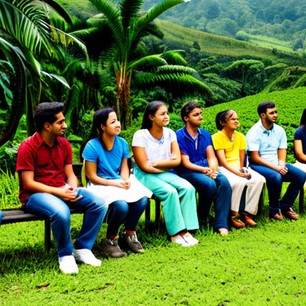 **
"A diverse group of international students, fully clothed in casual and modest attire, attending an outdoor lecture on sustainable agriculture in Costa Rica. Lush green landscape, coffee plantation in the background, safe for work, appropriate content, perfect anatomy, natural proportions, family-friendly, bright sunny day, professional photography."
**