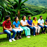 **

"A diverse group of international students, fully clothed in casual and modest attire, attending an outdoor lecture on sustainable agriculture in Costa Rica. Lush green landscape, coffee plantation in the background, safe for work, appropriate content, perfect anatomy, natural proportions, family-friendly, bright sunny day, professional photography."

**