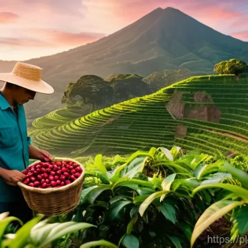 코스타리카 농업과 커피 산업 - **Prompt:** A vibrant, panoramic view of a Costa Rican coffee plantation at sunrise. Lush, deep gree...