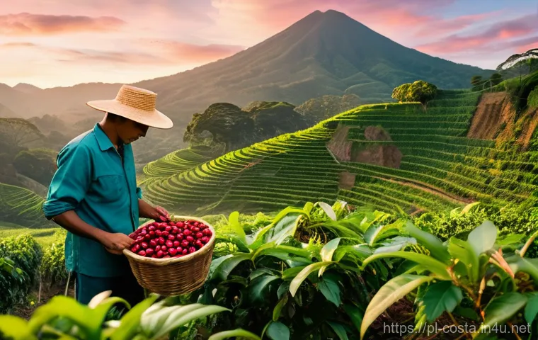 코스타리카 농업과 커피 산업 - **Prompt:** A vibrant, panoramic view of a Costa Rican coffee plantation at sunrise. Lush, deep gree...