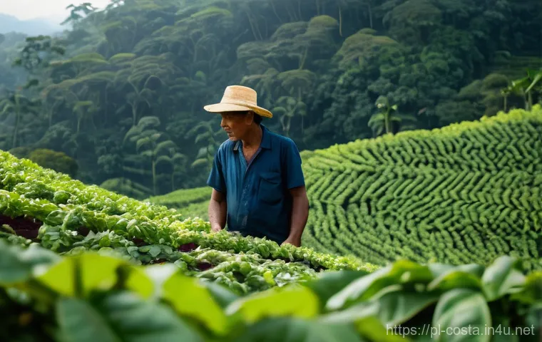코스타리카 농업과 커피 산업 - **Prompt:** A vibrant, panoramic view of a Costa Rican coffee plantation at sunrise. Lush, deep gree...