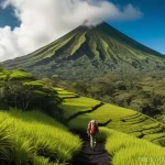 코스타리카 코스타리카 화산 트레킹 추천 - A breathtaking wide shot of a person, seen from a slightly elevated perspective, confidently hiking ...