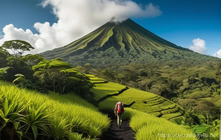코스타리카 코스타리카 화산 트레킹 추천 - A breathtaking wide shot of a person, seen from a slightly elevated perspective, confidently hiking ...