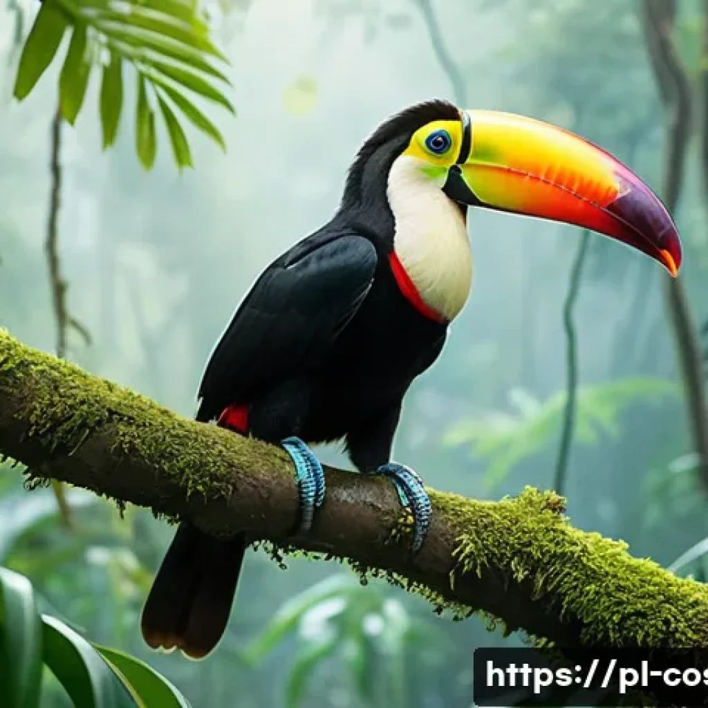 코스타리카 동물 보호구역 체험 - A vibrant tropical rainforest scene in Costa Rica featuring colorful toucans perched on lush green b...