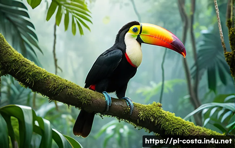 코스타리카 동물 보호구역 체험 - A vibrant tropical rainforest scene in Costa Rica featuring colorful toucans perched on lush green b...