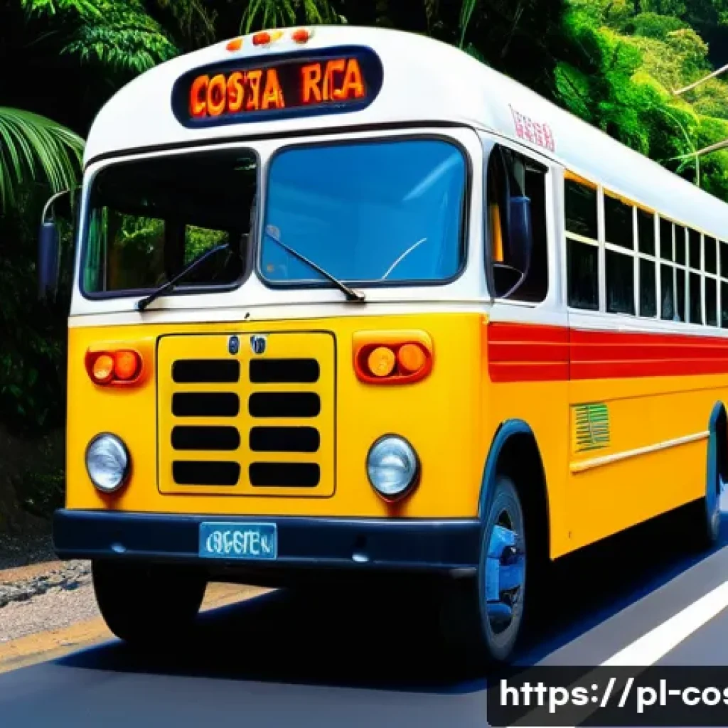 코스타리카 배낭여행 팁 - A vibrant Costa Rican local bus scene showing a colorful, slightly crowded intercity bus with friend...