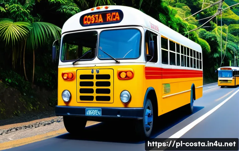 코스타리카 배낭여행 팁 - A vibrant Costa Rican local bus scene showing a colorful, slightly crowded intercity bus with friend...