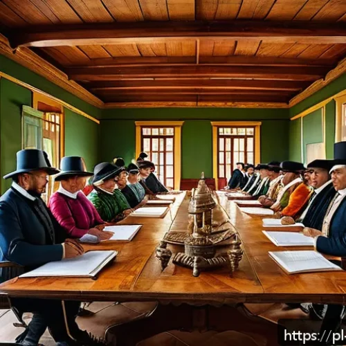 Home 32 코스타리카 독립 과정 - A vibrant historical scene depicting the political assembly in early 19th century Costa Rica where d...