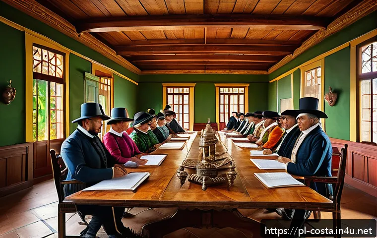 코스타리카 독립 과정 - A vibrant historical scene depicting the political assembly in early 19th century Costa Rica where d...