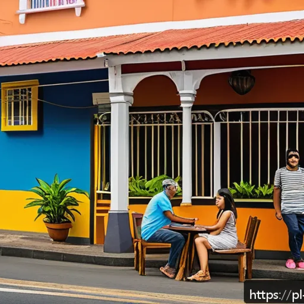 코스타리카 특유의 스페인어 표현 - A vibrant street scene in San José, Costa Rica, showcasing friendly locals engaging in lively conver...