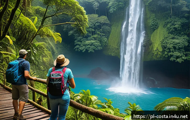 코스타리카 주요 수출품 - A vibrant and lush Costa Rican national park scene showcasing ecotourism: tourists wearing casual ou...