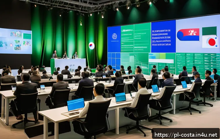 코스타리카 한국과의 무역 관계 - A vibrant business conference scene showcasing Costa Rican and South Korean entrepreneurs engaging i...