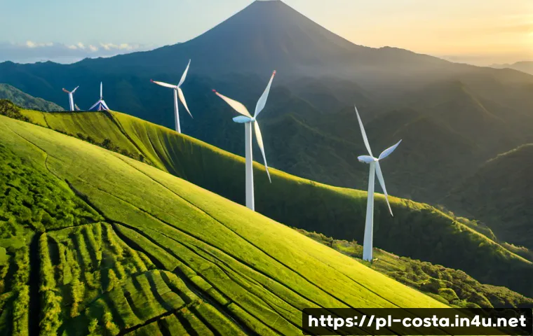 코스타리카 재생 가능 에너지 현황 - Photorealistic wide aerial view of Costa Rica’s renewable energy landscape, modern wind turbines on ...